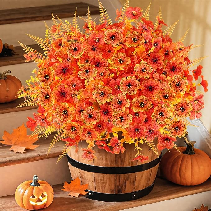 16PCS Artifcial Fall Flowers, Silk Flowers with Eucalyptus & Ferns | Realistic Orange Autumn Artificial Flowers, Porch Yard Fall Decor, Thanksgiving & Harvest Home Decorations