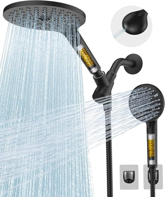 Dual Filtered Shower Heads Combo, High Pressure Rain Shower Head with Handheld Spray Built-in Power Wash, Dual Handheld Shower Head for Hard Water, Remove Chlorine for Healthier Skin-Black