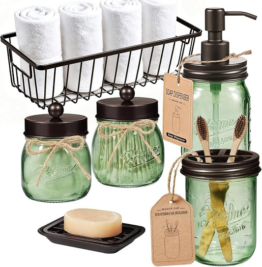 SheeChung Mason Jar Bathroom Accessories Set, 6Pcs Green Glass Bathroom Set | (Bronze) Soap Dispenser,Toothbrush Holder,2 Qtip Holders,Soap Dish,Wire Basket,Rustic Farmhouse Decor for Bathroom Countertop