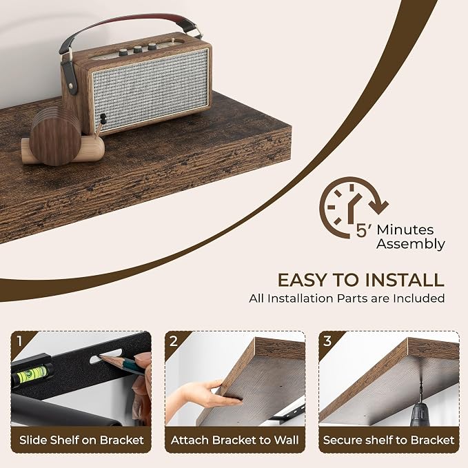 RICHFOCUS 55Inch Floating Shelves for Wall 2 Pack Shelves for Bedroom|Kitchen|Bathroom Wall Mounted Rustic Wood Floating Shelf with Invisible Brackets for Books|Storage|Decor, Rustic Brown