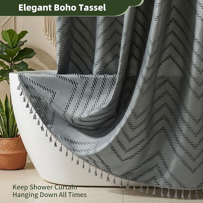 Siiluminisoy Extra Long Shower Curtains 72 x 84 Inches Tufted Chevron Gray Shower Curtains Fabric for Bathroom Modern Shabby Chic Waterproof Cloth Shower Curtain