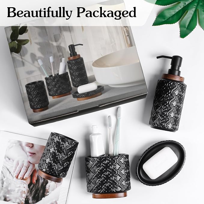 RQYIXI Ceramic 4-Piece Bathroom Accessories Set,Matte Black | Countertop Essentials Embossed Textured Design Solid Wood Non-Slip Detail Matte Black Finish