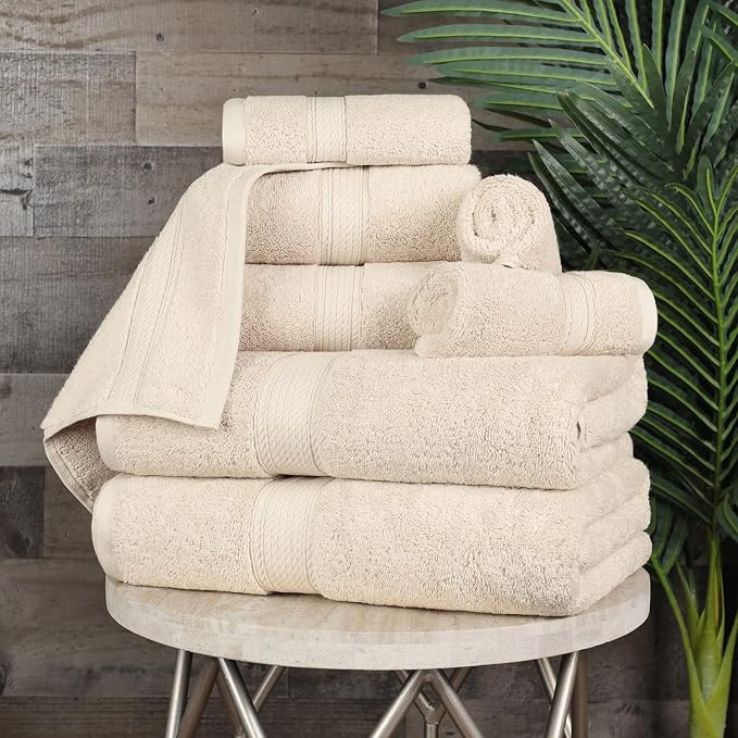 SUPERIOR Egyptian Cotton Ultra Plush & Absorbent, 8 Piece Set, Cream | Quick Dry, Soft Luxury Towel Set, Bath Essentials, Guest Bath, Spa, 2 Bath, 2 Hand, 4 Face Towels, Madeline Towels