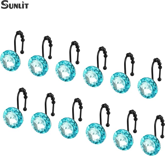 Sunlit Luxury Design Round Teal Blue Diamond Crystal Gem Bling with Glide Balls Shower Curtain Hooks, Rust Proof Metal Rhinestones Glam Shower Curtain Rings with Black Hooks, Set of 12