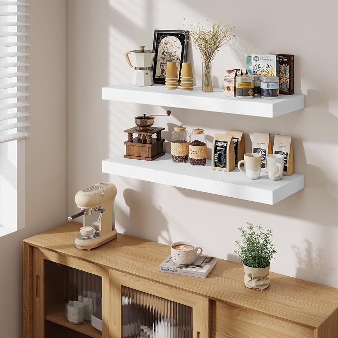 Fun Memories 12" Deep Floating Shelves for Wall, 36" W x 12" D Floating Shelves, Long Wood Floating Wall Shelf for Living Room Bathroom Bedroom Kitchen, White, Set of 2
