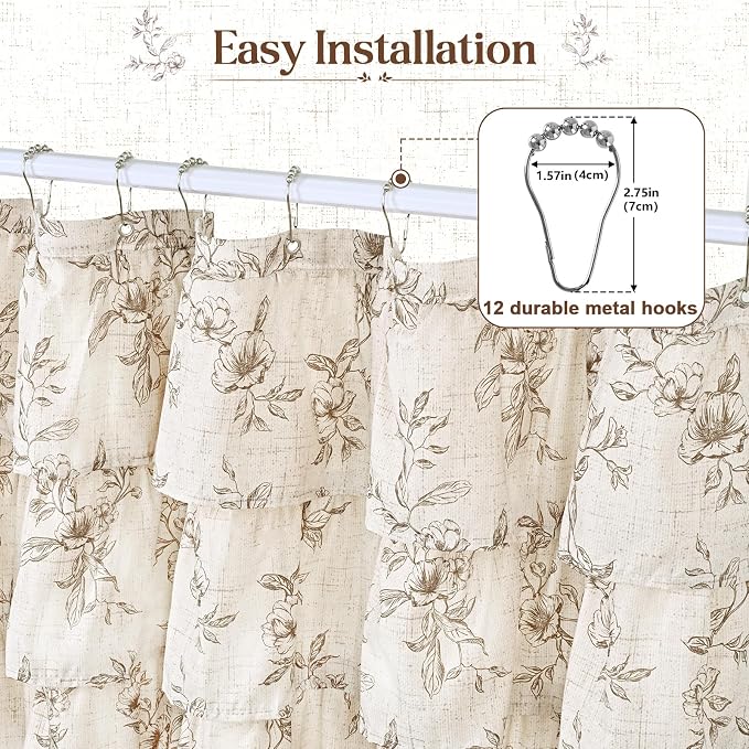 Yinhua Extra Long Farmhouse Ruffle Shower Curtain for Bathroom, 72" Wx90 L | Brown Floral Print, Ruflle Design, 12 Metal Hooks, Vintage Rustic Washable Waterproof Shower Curtain for Bathroom Bathtub