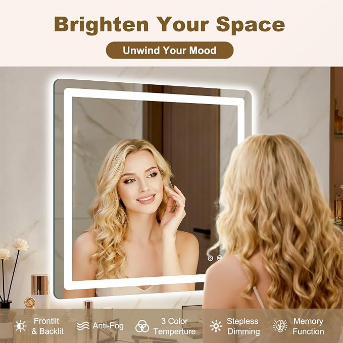 LED Bathroom Mirror with Lights, 30" x 30" Lighted Vanity Mirror | Frontlight+Backlit, 3 Colors Dimmable Brightness, Anti-Fog, Memory Function, Shatterproof Tempered Glass, Horizontal/Vertical