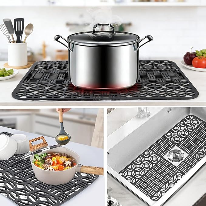 Silicone Sink Mat 26x14 Black - Kitchen Sink Protector | Cut-to-fit heat-resistant silicone mat protects stainless steel sinks. Fits double-basin & farmhouse sinks.