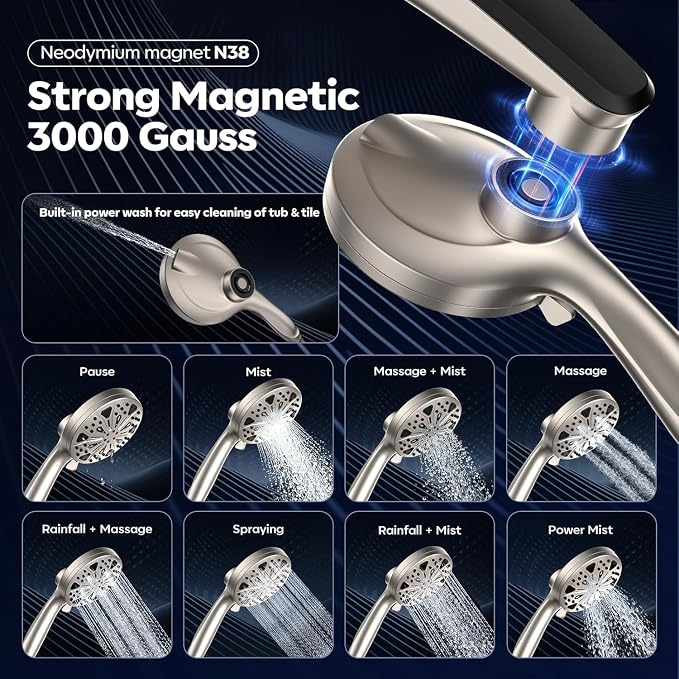 12-Inch High Pressure Rain Shower Head with Handheld Spray Combo, Magnetic | Dual shower heads; one-piece bracket adjusts height and angle; 9 settings: 8 sprays + 1 Power Jet for cleaning; easy install