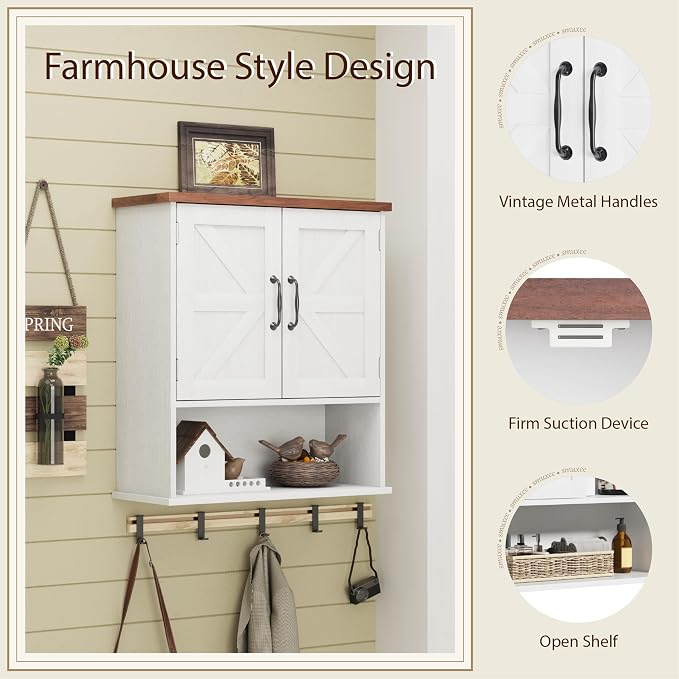 Smuxee Farmhouse Bathroom Cabinet Wall Mounted, White Small Medicine Cabinet with Adjustable Shelf, Bathroom Cabinet for Living Room, Laundry Room