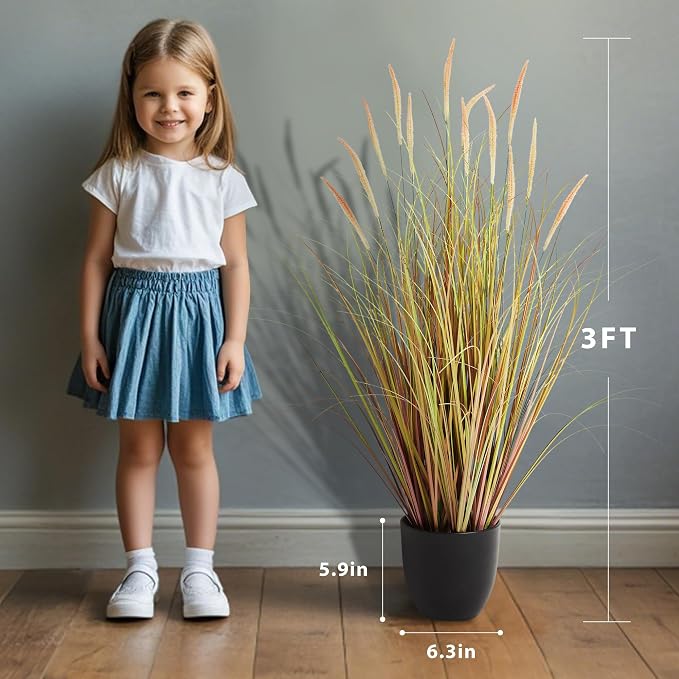 KOL 3ft 2-Pack Artificial Cattail Reed Grass, 35in Indoor Fake Onion Grass | Home Office Wedding Decorative Artificial Plants in Pot Faux Floor Plant Greenery, Outdoor Décor, Pink