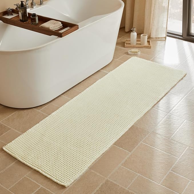 Triohero Cream White Waffle Runner Rug Bathroom, Long Boho Bath Mat, 24x72 | Super Absorbent Quick Dry Bath Rug, Non-Slip Backing, Soft Waffle Washable Farmhouse Bathroom Mats, Tub, Shower & Home Decor