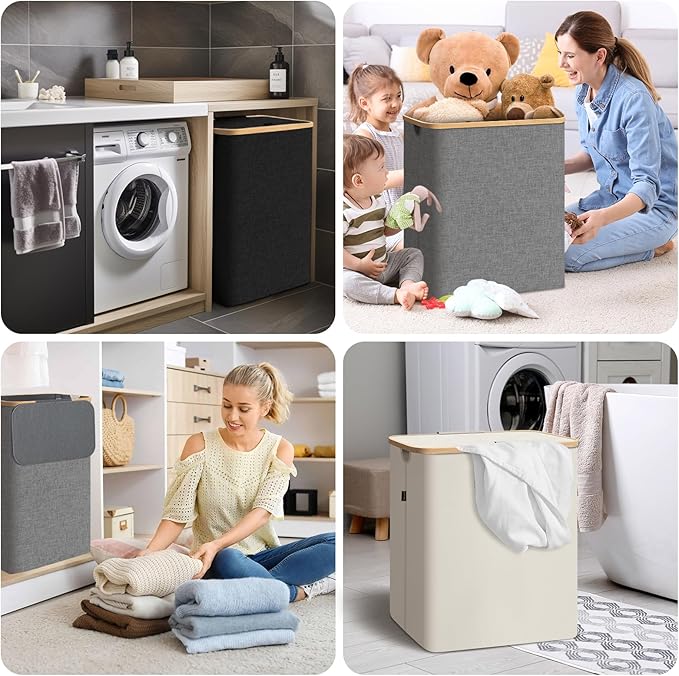 BALEINE Laundry Hamper with Lid, Tall Laundry Baskets with Bamboo Pull Handles, Large Laundry Bin with Internal Support (36 Gal/140L, Grey)