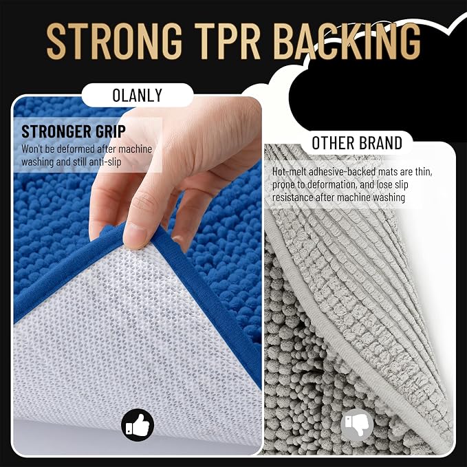 OLANLY Thick Bathroom Rugs 30x20, Soft Chenille Bath Rugs, Deep Navy Blue | Rubber Backing, Machine Wash, Extra Absorbent Striped Bath Mats for Bathroom Floor, Tub and Shower, Home Decor Accessories