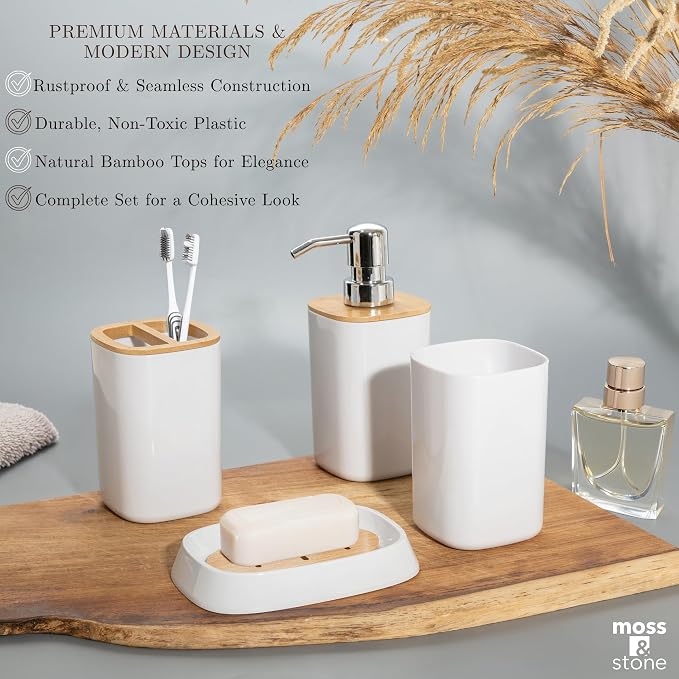 Moss & Stone 6-Pcs White & Bamboo Bathroom Accessories Set, Soap Dispenser | Modern Plastic Bathroom Set with Toothbrush Holder, Soap Dish, Cup & Trash Can for Countertop Organization and Bathroom Decor