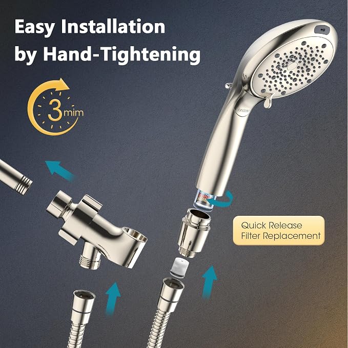 High Pressure Filtered Handheld Shower Head, Brushed Nickel | 80" Long Stainless Steel Hose, Built-in Power Wash, Anti-clog Nozzles, Filter Beads for Hard Water, Remove Chlorine