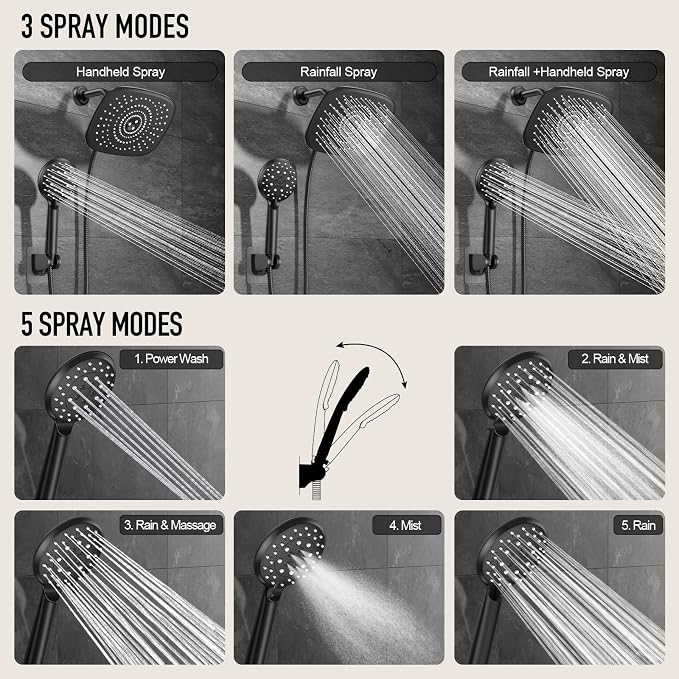 Veken 10“ Rain Shower Head with Handheld,Dual High Pressure Shower Heads | 5-mode Hand Held Spray with Hose,Wide Detachable Rainfall,Dual Showerhead Combo,Bathroom Accessories,Easy Install,Matte Black