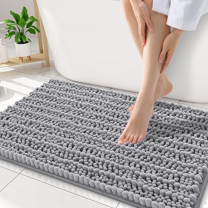 Smiry Bathroom Rugs 34X21, Extra Soft Rubber Backing Chenille Bath Mats | Grey Machine Washable Non Slip Quick Dry Bath Mats for Bathroom Floor, Tub, Shower, Home Decor Accessories