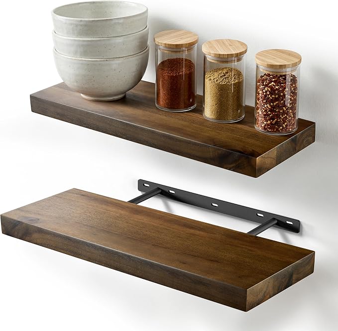 BATODA Set of 2 17" Acacia Wood Floating Shelves Wall Mounted, Walnut Color | Rustic Farmhouse Storage Shelf, Floating Effect, 100 LBS Capacity Each, Easy Assembly, Hidden Brackets, Hardware Included