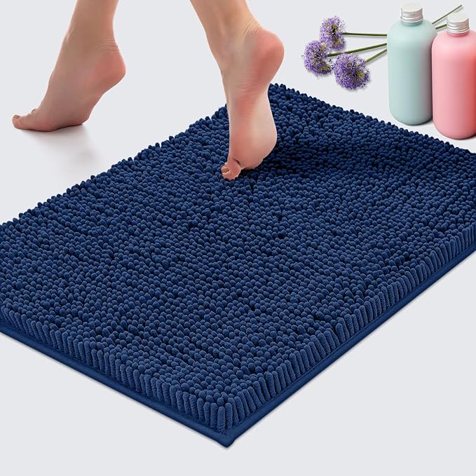 LuxUrux Bath Mat, Extra-Soft Plush Non-Slip Bathroom Rug, Luxury Chenille Microfiber Material, Super Absorbent Shaggy Bath Rug. Machine Wash & Dry (17 x 24 inches, Blue)