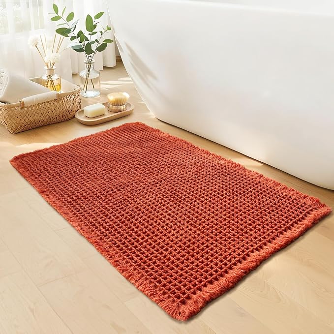 Burnt Orange Bathroom Rug, Fall Waffle Bath Mat Non Slip, 20" x 32" | Super Absorbent, Quick Dry Bath Mat, Soft Washable Waffle Weave, Boho Farmhouse Bathroom Fall Decor for Shower or Tub