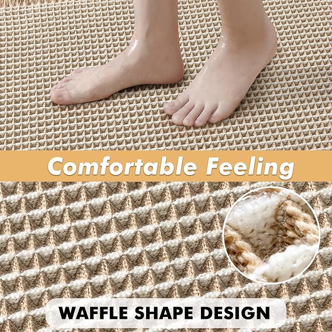MIULEE Set of 2 Waffle Bathroom Rugs Brown&White Bath Mat 17"x24"+18"x30" | Non Slip, Super Absorbent, Washable, Ultra Soft, Rubber Backed, Small, Beige Boho Bath Rugs for Bathroom Floor Tub Shower