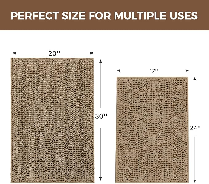 Bcoimo Bath Rug Mat Sets,2 Piece Extra Soft Chenille Tan Bathroom Mat Set | Non Slip with Rubber BackingBathroom Rug set; Machine Washable;Extra Soft Bath Rug;High Absorbent、Quick Drying Microfiber mat