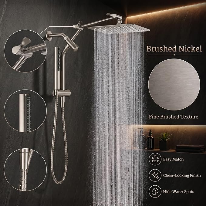 Veken All Metal 10" Luxurious Brushed Nickel Rain Shower Head with Handheld | Dual High Pressure Shower Heads, Power-wash Hand Held with Hose,Double Detachable Showerhead,Square Rainfall,Bathroom Upgrade