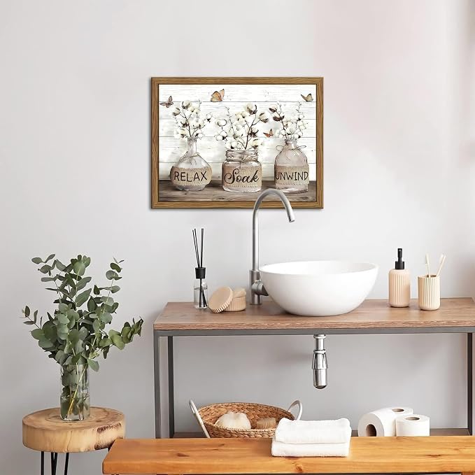 Farmhouse Bathroom Decor Wall Art, Framed Rustic Cotton Pictures Canvas Wall Decor Painting, Modern Country Relax Soak Unwind Sign Artwork Posters Prints for Bathroom 12x16In Dark Wood Frame