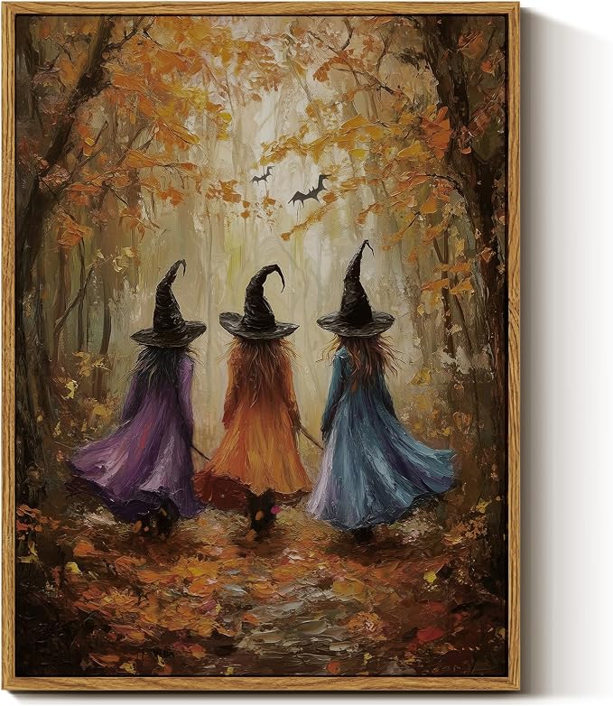 InSimSea Framed Canvas Wall Art, Fall Witch Picture, Vintage Halloween Decor for Living Bedroom Hallway Entryway Fireplace, Autumn Forest Decor, 12x16 Inch