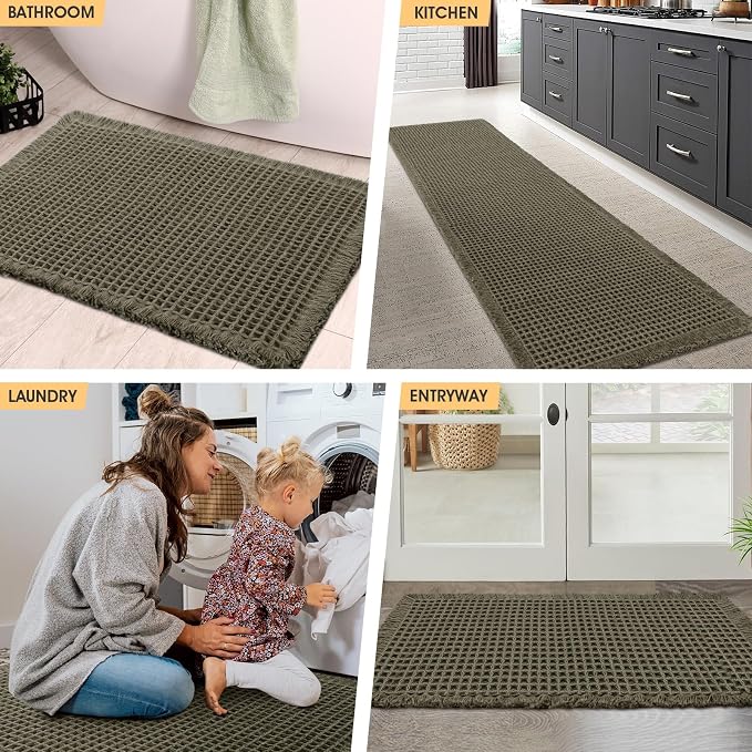 Waffle Bath Mat Set 3 Piece Olive Green,Woven Modern Bath Rug Mats, Absorbent Non Slip Bath Floor Mat, Soft Washable Boho Bath Rugs with Tassels for Bathroom, Bedroom, Kitchen,Tub