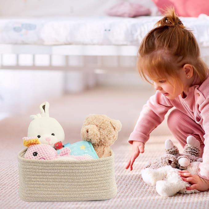 XUANGUO Small Woven Storage Baskets for Shelves, 12" x 8" x 5", Oatmeal | Decorative rope storage bins for closets and toy storage; cute organizer baskets, empty gift baskets and nursery storage.