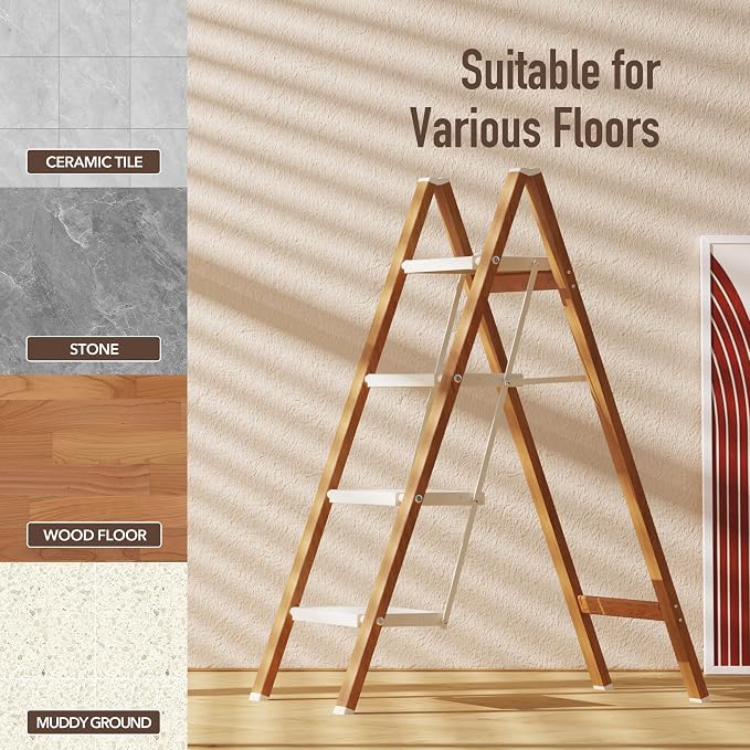 Mayi Plus 4 Step Stool Foldable, Aluminum, Lightweight Step Ladder | Extra-wide anti-slip folding steps with 330 lbs, for home,kitchen,office,outdoor,White & Woodgrain.