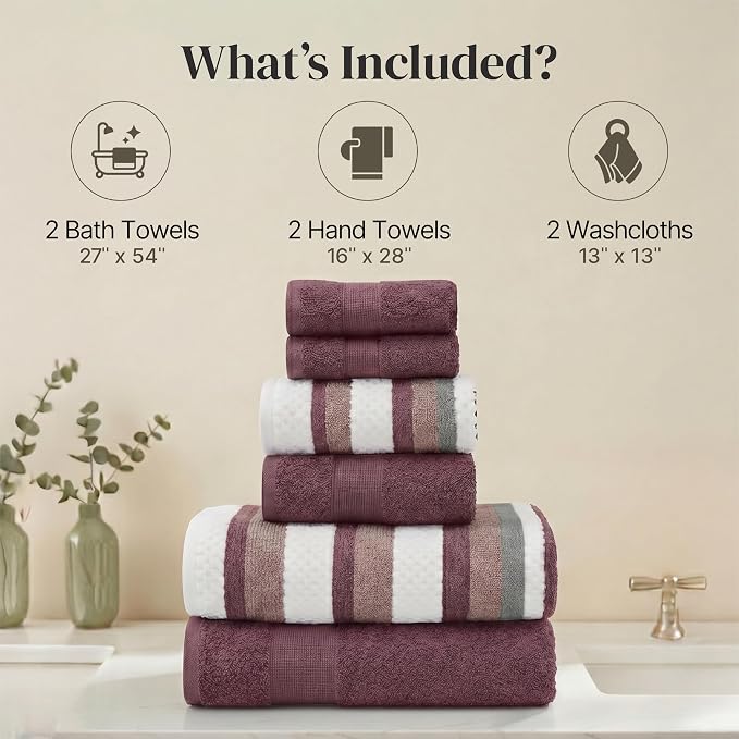 Modern Threads Pax 6-Piece Reversible Yarn Dyed Jacquard Towel Set - Bath Towels, Hand Towels, & Washcloths - Super Absorbent & Quick Dry - 100% Combed Cotton, Rosewood