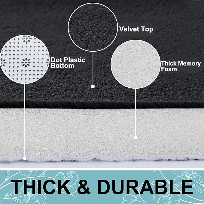 Smiry Memory Foam Bath Mat 47x20, Extra Soft and Absorbent Bathroom Rugs | Black, Quick Dry Machine Washable Non-Slip Bath Mat for Bathroom Floor, Shower and Tub