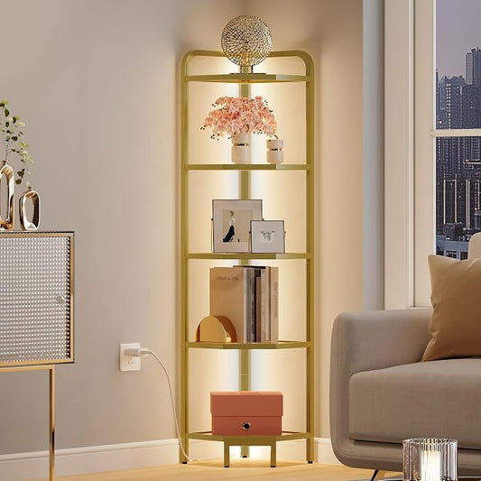 Hzuaneri Corner Shelf with LED Lighting, 5-Tier Glass Bookshelf | Steel Frame, Tempered Glass, Modern Style Corner Shelf, Suitable for Living Rooms, Bedrooms and Games Rooms CS09599G