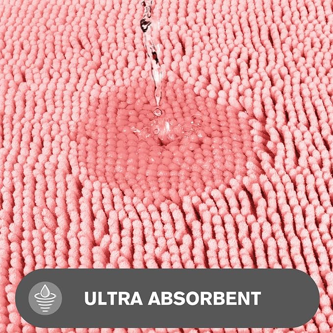 Pink Bathroom Rugs Sets 2 Piece – Absorbent and Washable Bath Mat, Non-Slip, Thick Soft Chenille Bath Rugs for Bathroom Floor, Shower, Sink - 20" x 32"+24" x 36"