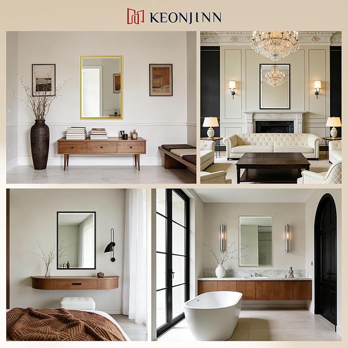 Keonjinn 24" x 36" Black Framed Bathroom Mirrors, Aluminum Alloy Frame | Tempered Glass with Beveled Edge, French Cleat, Lightweight, Rectangular Wall Mirror for Over Sink, Hallway, Entryway Decor