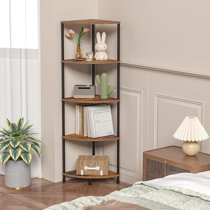 Corner Plant Stand Shelf, 5 Tier Tall Shelf Plant Stand for Indoor Plants, Rustic Brown Corner Bookshelf Wall Decor Living Room, 44.1" Display Shelf for Bedroom, Bathroom, Small Space