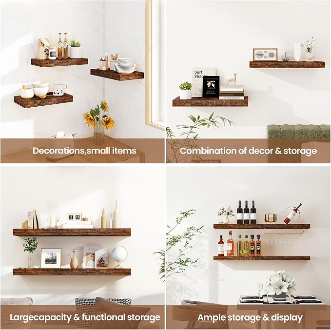 Vivelove Floating Shelves 9 inch Deep 36”Long Set of 2, Rustic Brown | Easy Install With Hardware, 1.5" Thick, Invisible Brackets, Wall Mounted, No Sagging, For Any Room
