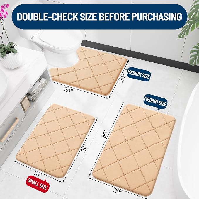 OLANLY Memory Foam Bath Mat 24x16, Ultra Soft and Absorbent Bathroom Rugs | Beige, Quick Dry, Machine Washable Shower Bath Rugs, Comfortable Bath Carpet for Bathroom Floor, Tub and Shower