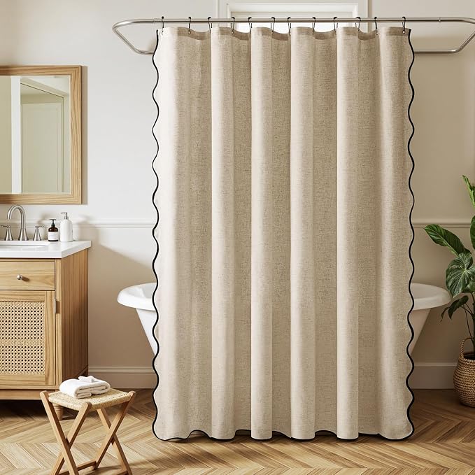 MIULEE 90" Long Beige Scalloped Linen Shower Curtain 72W x 90L | 12 metal hooks, Linen scalloped, waterproof washable, thick heavy cloth, black border, boho farmhouse, bathroom hotel use