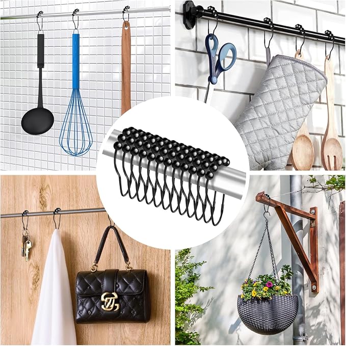 12 PCS Shower Curtain Hooks, Practical Black Shower Curtain Hooks | Metal Shower Hooks for Bathroom Shower Rods, Smooth & Quick Sliding, Secure Snap Closure, Easy Install