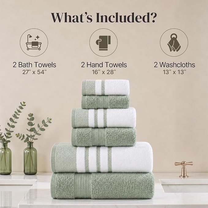 Modern Threads 6-Piece Towel Set – 100% Cotton, Quick Dry, Ultra Absorbent – Includes 2 Bath, 2 Hand, 2 Washcloths (White/Reinhart Sage)