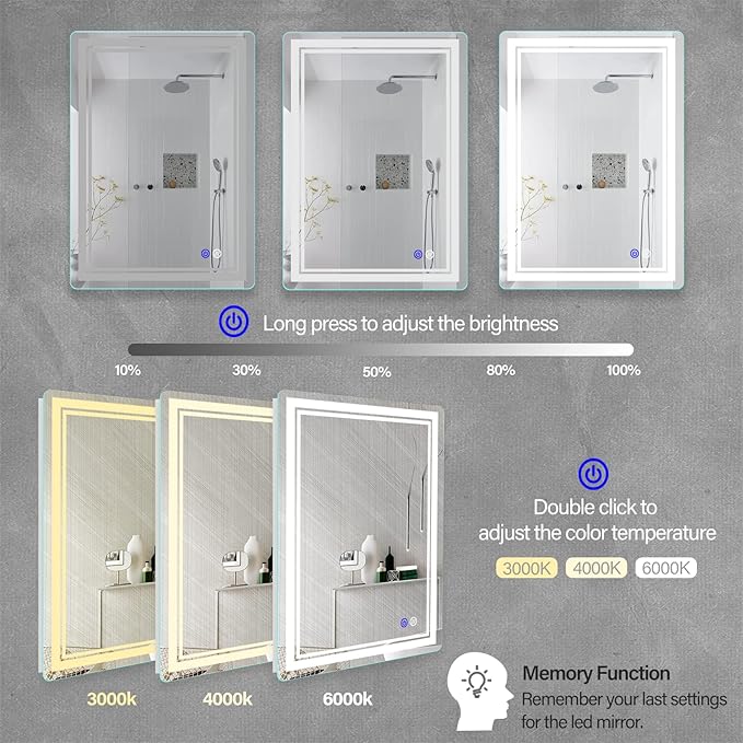 LED Bathroom Mirror, Vanity Mirror with Light for Wall 20"×28" | Stepless Dimmable, 3 Colors (3000K-6000K), Anti-Fog, Wall Mounted, 1 Hour Auto Off, Memory Function, Reinforced Packaging