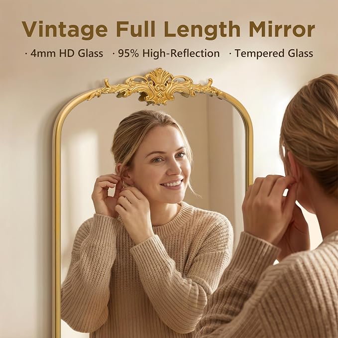 Besdomus Vintage Mirror Full Length: 21"x56" Gold Long Arched Body Mirrors | French Floor Standing Metal Framed - Antique Baroque Traditional Ornate - Ideal for Foyer/Cloakroom/Bedroom/Dressing Room