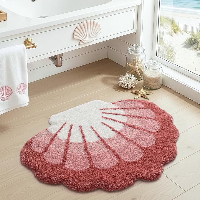 DEXI Cute Seashell Bath Mat, Coastal Scallop Bathroom Rug, 38x30 Pink | Soft and Absorbent Microfiber, Non Slip, Machine Washable Bathmat for Shower Floor, Bedroom, Kids Room, Home Decor