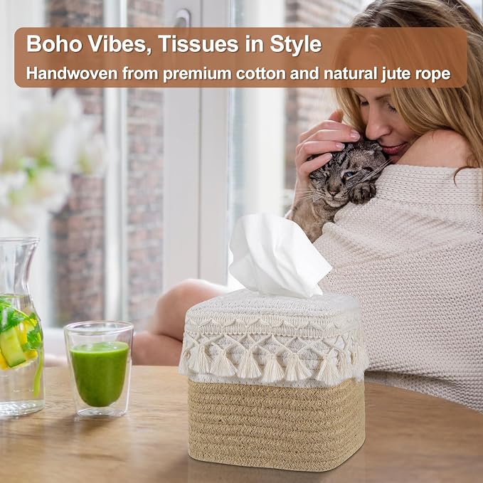 Boho Tissue Box Cover: Natural Handwoven Square Cover for Bathroom | Open-Bottom Design with Tassel, For Kitchen, Tabletops, Home & Office, Farmhouse Decor
