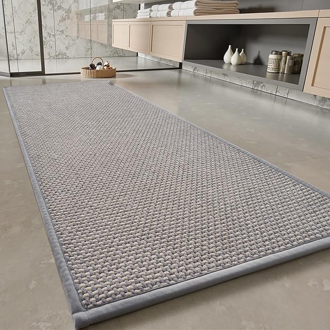 PADOOR-Bath Mat Runner-Super Absorbent Chenille Bathroom Mats-Rubber Backed Bath Mats for Bathroom Non Slip, Easy Clean Bathroom Runner Rugs Front of Bathtub,Shower Room,Sink-17×59 Grey&Beige