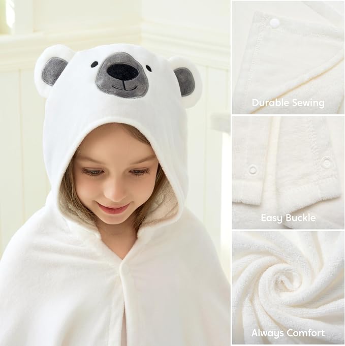 Joiedomi Hooded Towel for Kids Soft 100% Cotton Bath Beach Towel 30" x 50" for Kids 3-8 Years Toddler Pool Poncho with Hood Absorbent Swim Wrap for Boys Girls White Bear